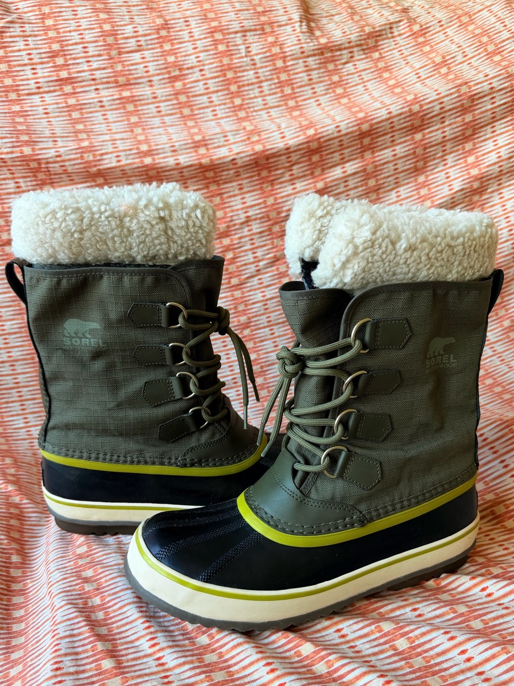 Sorel Olive Green and Black Shearling-Lined Lace-Up Boots